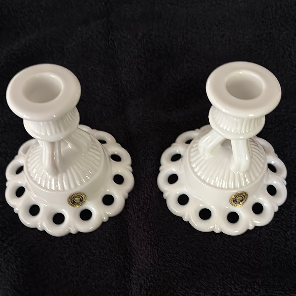 Vintage Westmoreland Milk Glass Doric Lace Candle Holders